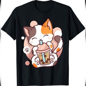 Bubble Tea Boba Cat Tshirt Black Background Graphic Small Unisex
